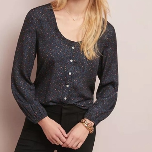 Dolan Anthropologie Marilyn Blouse Top Dark Blue Grey Black Animal Leopard Print - Picture 1 of 11